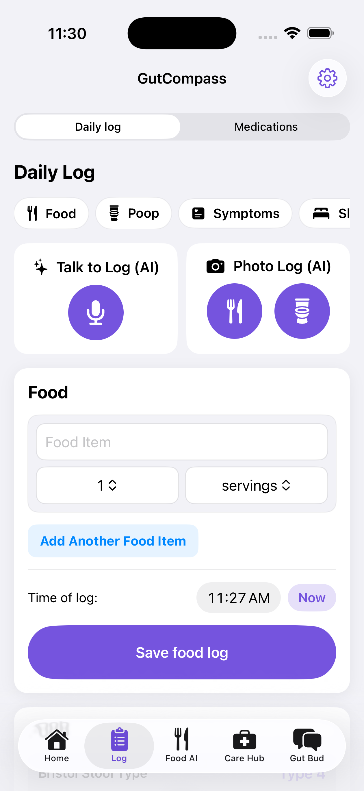 GutCompass daily logging screen